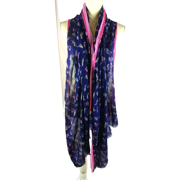 Scarf Bird Pheasant Print Navy Blue Pink Brown Rectangle Lightweight 76" X 25" - Picture 2 of 6